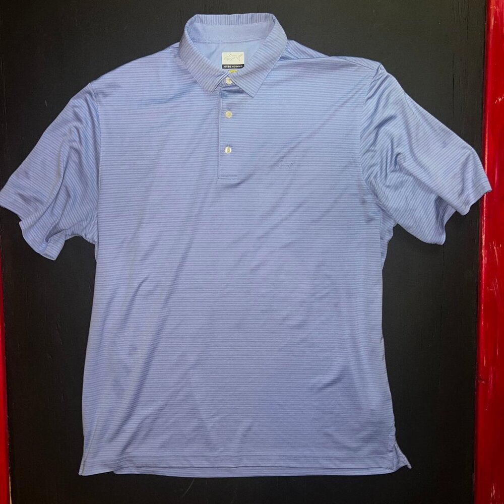 Greg Norman Men 2XL Purple Stripe Play Dry Short Sleeve Collared Golf Polo Shirt